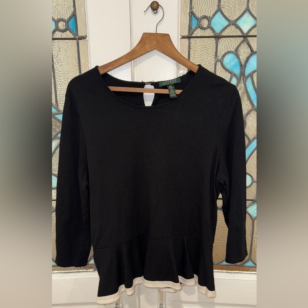Ralph Lauren Contrast Trim Peplum Knit Top XL PlusSize Black with White trim